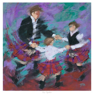 A painting depicts three individuals in kilts holding hands, appearing to be engaged in a dance or celebration, with vibrant brushstrokes and colors.By Janet McCrorie