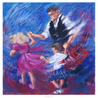 An impressionistic painting of a joyful family moment showing two children dancing with an adult, highlighted by swirling blue and red brushstrokes.By Janet McCrorie