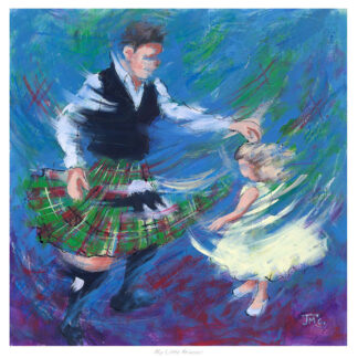 An expressive painting depicting a man in a kilt dancing with a young girl in a dress, titled 'My Little Princess.'By Janet McCrorie