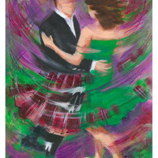 The image depicts a vibrant painting of a couple dancing, with the man in a kilt and the woman in a green dress, surrounded by colorful brushstrokes.By Janet McCrorie