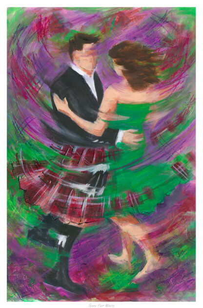 The image depicts a vibrant painting of a couple dancing, with the man in a kilt and the woman in a green dress, surrounded by colorful brushstrokes.By Janet McCrorie