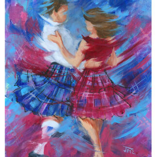Two children in kilts are depicted dancing in a vibrant, abstract style painting.By Janet McCrorie
