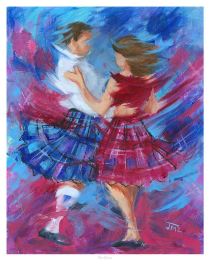 Two children in kilts are depicted dancing in a vibrant, abstract style painting.By Janet McCrorie