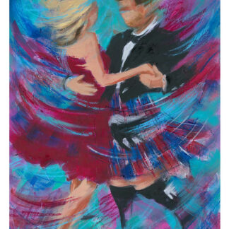The image depicts an abstract painting of a man and woman dancing, with vibrant brush strokes in blues, pinks, and reds.By Janet McCrorie