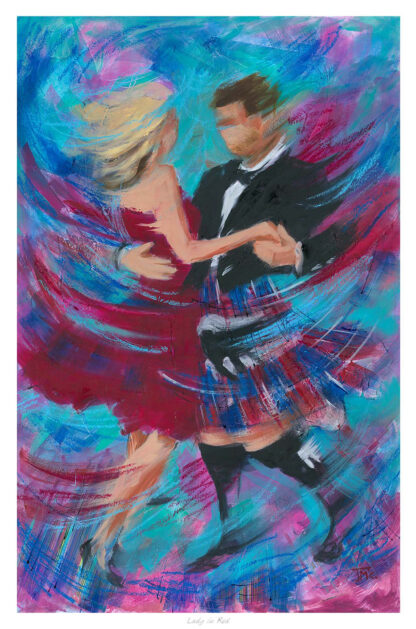 The image depicts an abstract painting of a man and woman dancing, with vibrant brush strokes in blues, pinks, and reds.By Janet McCrorie