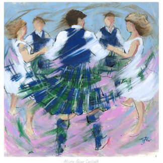 The image depicts a group of people in traditional Scottish attire performing a folk dance, possibly the ceilidh, captured in a vibrant, impressionistic art style.By Janet McCrorie
