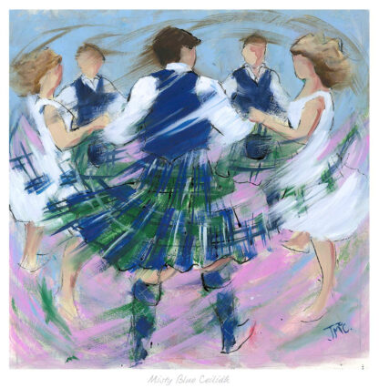 The image depicts a group of people in traditional Scottish attire performing a folk dance, possibly the ceilidh, captured in a vibrant, impressionistic art style.By Janet McCrorie