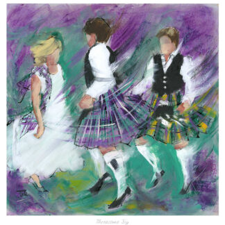 Three people dressed in traditional attire performing a jig dance, depicted in a colorful, impressionistic style painting.By Janet McCrorie