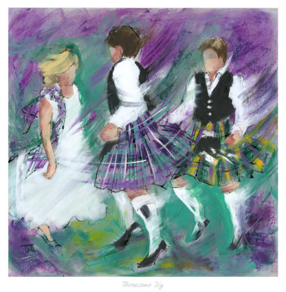 Three people dressed in traditional attire performing a jig dance, depicted in a colorful, impressionistic style painting.By Janet McCrorie