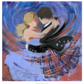 A vibrant painting of a couple embracing in a dance, with swirling blue tones and dynamic brushstrokes.By Janet McCrorie