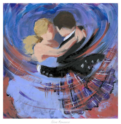 A vibrant painting of a couple embracing in a dance, with swirling blue tones and dynamic brushstrokes.By Janet McCrorie