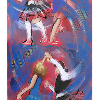 An abstract painting featuring multiple dancers in motion with a vivid blend of red and blue strokes.By Janet McCrorie