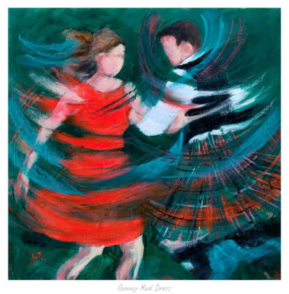 Two figures depicted in a vibrant, abstract style appear to be dancing, with the one in a red dress being the focal point.By Janet McCrorie