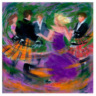 The image depicts an abstract, colorful painting of four people in motion, as if dancing, with swirling patterns creating a dynamic sense of movement.By Janet McCrorie