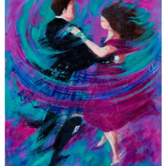 Two people are dancing, captured in a vibrant, abstract painting with swirling blue and pink brushstrokes.By Janet McCrorie