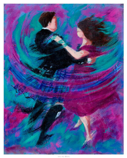 Two people are dancing, captured in a vibrant, abstract painting with swirling blue and pink brushstrokes.By Janet McCrorie