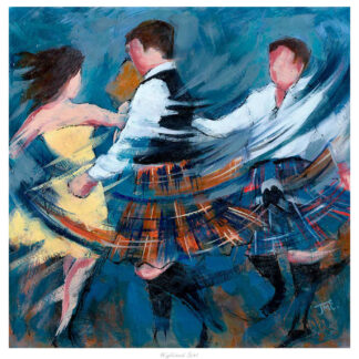 An abstract painting of three people in traditional Scottish attire dancing, with swirling brushstrokes emphasizing movement.By Janet McCrorie