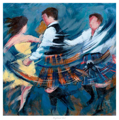 An abstract painting of three people in traditional Scottish attire dancing, with swirling brushstrokes emphasizing movement.By Janet McCrorie