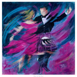 An impressionistic painting of a couple dancing energetically in formal attire, with swirling blue and pink brushstrokes.By Janet McCrorie