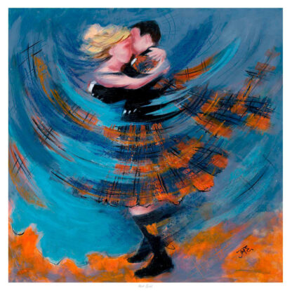 A vibrant painting depicting a couple embracing in a dance, with abstract elements and musical notes swirling around them.By Janet McCrorie