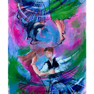 The image displays an abstract painting with figures resembling people dancing among vibrant blue, green, and pink brushstrokes.By Janet McCrorie