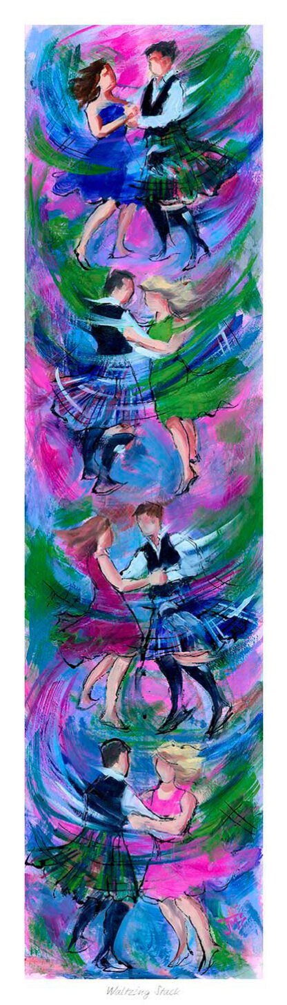 The image displays an abstract painting with figures resembling people dancing among vibrant blue, green, and pink brushstrokes.By Janet McCrorie