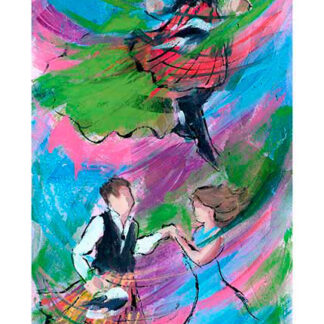 The image is a vibrant abstract painting featuring figures that appear to be dancing within swirls of bold, colorful brushstrokes.By Janet McCrorie