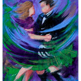 An abstract painting of two figures in an embrace with swirling purple and blue hues and green accents, suggesting movement and intimacy.By Janet McCrorie