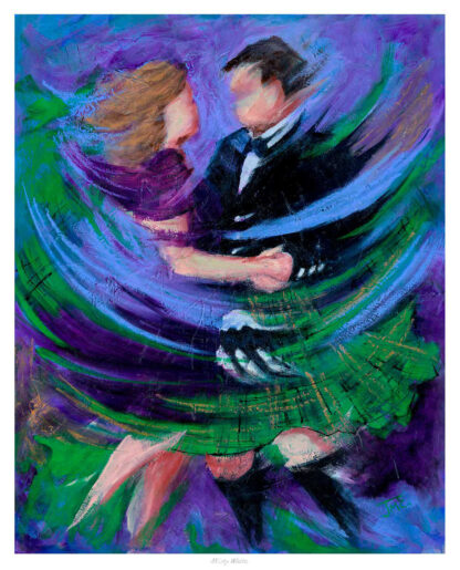 An abstract painting of two figures in an embrace with swirling purple and blue hues and green accents, suggesting movement and intimacy.By Janet McCrorie