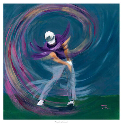 An abstract painting of a golfer mid-swing with vibrant swirls of color emphasizing movement.By Janet McCrorie