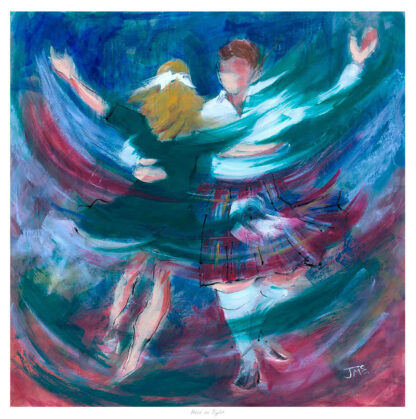 The image is an impressionistic painting of two people in traditional Scottish attire dancing, with swirling motion depicted in vibrant colors.By Janet McCrorie