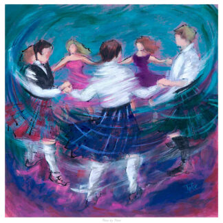 The image depicts an impressionistic painting of several people in kilts and dresses, dancing in a circle.By Janet McCrorie