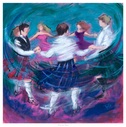 The image depicts an impressionistic painting of several people in kilts and dresses, dancing in a circle.By Janet McCrorie