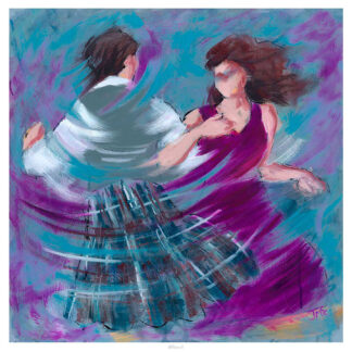 The image depicts an abstract painting of two figures in motion, possibly dancing, with swirling colors and dynamic brush strokes.By Janet McCrorie