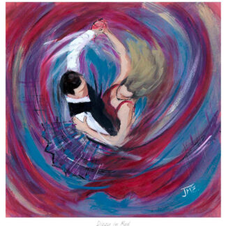 A vibrant painting of a person dancing, enveloped by swirling red and blue brushstrokes, creating a sense of movement and emotion.By Janet McCrorie