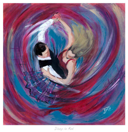 A vibrant painting of a person dancing, enveloped by swirling red and blue brushstrokes, creating a sense of movement and emotion.By Janet McCrorie