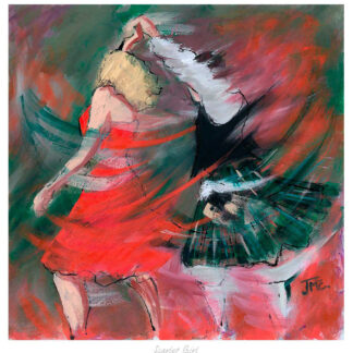 Abstract painting of a person, likely a dancer, in a flowing red dress, depicted with dynamic brushstrokes against a textured background.By Janet McCrorie