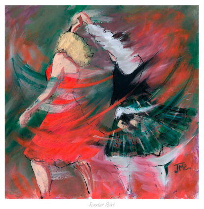 Abstract painting of a person, likely a dancer, in a flowing red dress, depicted with dynamic brushstrokes against a textured background.By Janet McCrorie