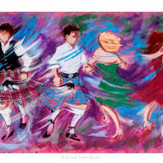 A colorful, expressionistic painting of people performing a lively dance, possibly in traditional Scottish attire, depicted with dynamic brushstrokes.By Janet McCrorie