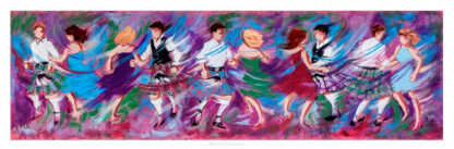 A colorful, expressionistic painting of people performing a lively dance, possibly in traditional Scottish attire, depicted with dynamic brushstrokes.By Janet McCrorie