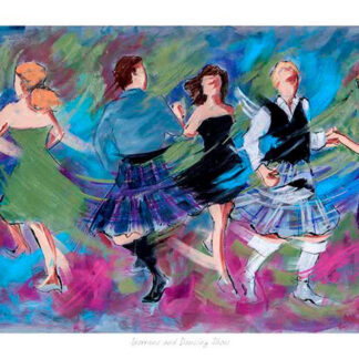 The image depicts a colorful, impressionistic painting of people in traditional Scottish attire dancing, likely a ceilidh or folk dance.By Janet McCrorie