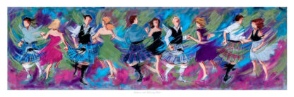 The image depicts a colorful, impressionistic painting of people in traditional Scottish attire dancing, likely a ceilidh or folk dance.By Janet McCrorie