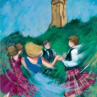 "Highland Dance at Stirling by Janet McCrorie – vibrant depiction of Scottish dancers in traditional attire against Stirling's historic backdrop."