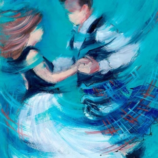 "Highland Heartbeat" by Janet McCrorie – A vibrant depiction of Scottish dancers in traditional attire, capturing the movement and energy of Highland dance.