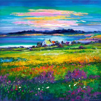 A vibrant painting depicting a colorful landscape with a cottage, expansive fields, a blue body of water, and a mountain range under a dynamic, multicolored sky. By Janet McCrorie