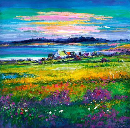 A vibrant painting depicting a colorful landscape with a cottage, expansive fields, a blue body of water, and a mountain range under a dynamic, multicolored sky. By Janet McCrorie