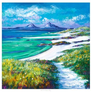 A vibrant painting of a coastal landscape with a beach, foliage, and mountains in the background.By Janet McCrorie