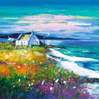 A colorful painting depicting a seaside landscape with a white cottage, vibrant flora, and a boat on the shore under a pastel sky. By Lee Scammacca