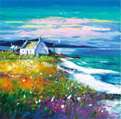 A colorful painting depicting a seaside landscape with a white cottage, vibrant flora, and a boat on the shore under a pastel sky. By Lee Scammacca