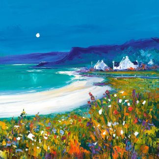 A vibrant painting of a coastal village with colorful foreground flowers, white sand beach, turquoise sea, mountainous backdrop, and a moonlit sky.By Janet McCrorie